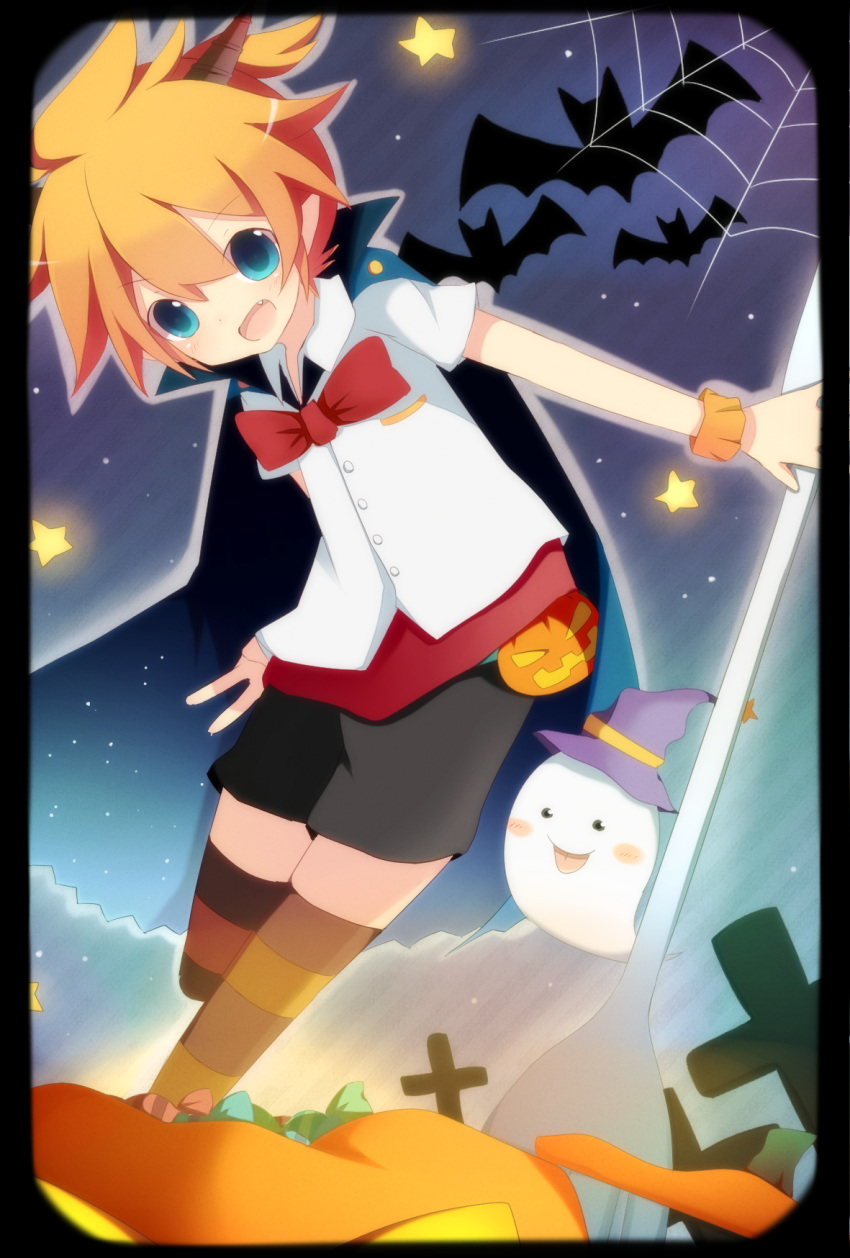 1boy armband bat_(animal) black_cape black_shorts blue_eyes bow bowtie brown_thighhighs cape collared_shirt cross crucifix cutlery fang fanny_pack fork ghost halloween halloween_costume happy hat high_ponytail highres horns jack-o'-lantern kagamine_len male_focus meranoreuka_(naokentak) messy_hair open_mouth orange_hair pointy_ears ponytail red_bow red_bowtie shirt short_hair short_ponytail short_sleeves shorts silk single_horn smile solo spider_web star_(symbol) striped striped_thighhighs thighhighs vocaloid white_shirt witch_hat