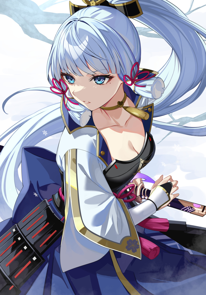 1girl absurdres arm_guards armor armored_dress blue_dress blue_eyes blue_hair blue_shirt blunt_bangs breastplate breasts bridal_gauntlets cleavage collarbone detached_sleeves drawing_sword dress genshin_impact hair_ornament highres holding holding_sword holding_weapon japanese_armor jewelry kamisato_ayaka katana large_breasts light_blue_hair long_hair looking_to_the_side mistsplitter_reforged_(genshin_impact) neck_ring open_clothes open_shirt ponytail rope shirt short_sleeves sidelocks sword takehana_note tassel weapon