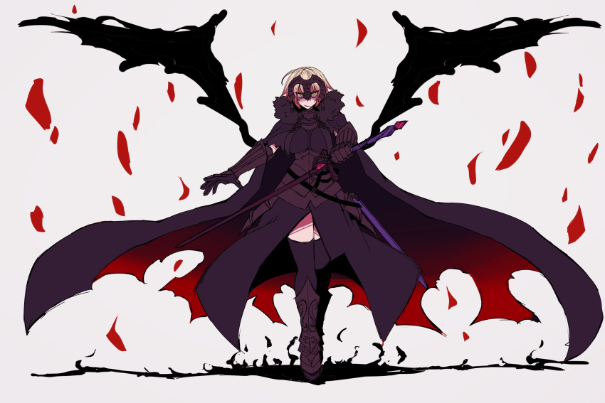 1girl armor armored_boots armored_dress bags_under_eyes black_cape black_dress black_thighhighs black_wings blonde_hair boots cape commentary_request dress fate/grand_order fate_(series) full_body fur-trimmed_cape fur_collar fur_trim gauntlets headpiece highres jeanne_d'arc_alter_(avenger)_(fate) jeanne_d'arc_alter_(fate) kuri_dora looking_at_viewer open_mouth shaded_face short_hair simple_background solo sword thighhighs v-shaped_eyebrows weapon white_background wings yellow_eyes