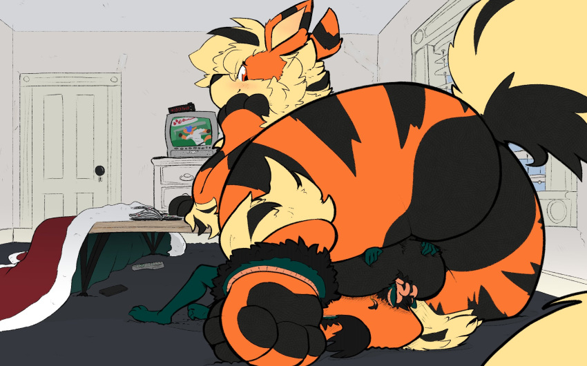 2023 anthro arcanine arlean_(raster_dreams) balls bed bedroom between_legs big_butt blush butt digital_drawing_(artwork) digital_media_(artwork) duo ears_up face_in_balls fur furniture generation_1_pokemon genitals hand_on_balls head_between_legs head_on_hand hi_res looking_back lying lying_on_bed macro macro_focus male nintendo on_back on_bed orange_body orange_fur pokemon pokemon_(species) raised_tail raster_dreams size_difference smile tail tail_around_partner tarou_(taroumyaki) television