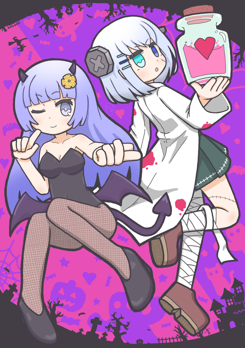 2girls absurdres bandaged_leg bandages bare_tree bat_(animal) black_footwear blue_eyes blue_hair brown_footwear candy cat date_a_live demon_horns demon_tail demon_wings food ghost green_skirt hair_ornament hairpin halloween heterochromia highres horns izayoi_miku jar lab_coat leotard long_hair multiple_girls one_eye_closed pumpkin silk skirt spider_web tail tobiichi_origami tombstone tree white_hair wings witch yaye5353