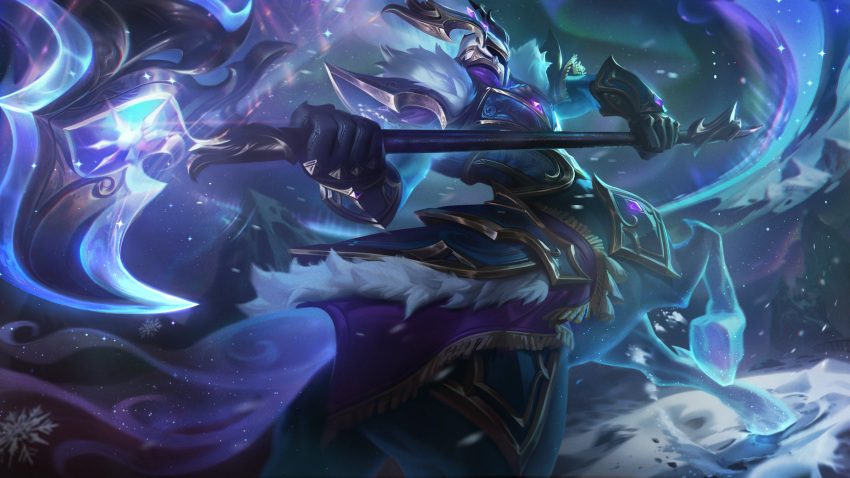 1boy absurdres black_gloves fur_trim gloves hecarim helmet highres holding holding_weapon incoming_attack league_of_legends looking_ahead male_focus night night_sky official_alternate_costume official_alternate_hairstyle official_art outdoors sky snow snowflakes snowing solo weapon winterblessed_hecarim