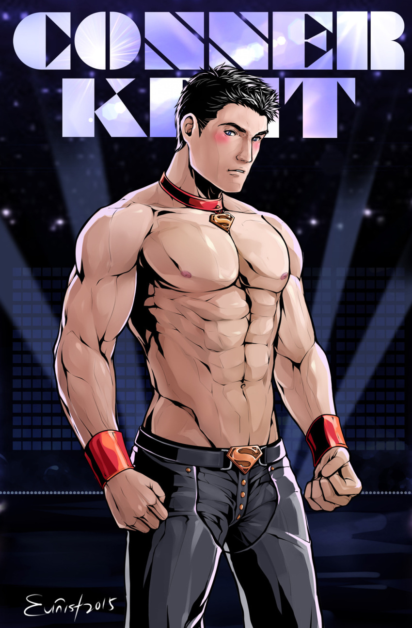 1boy abs animal_collar artist_name bara belt black_belt black_hair black_pants blush character_name closed_mouth collar dc_comics evinist highres kon-el large_pectorals male_focus muscular muscular_male navel nipples pants pectorals short_hair solo superboy topless_male wristband young_justice