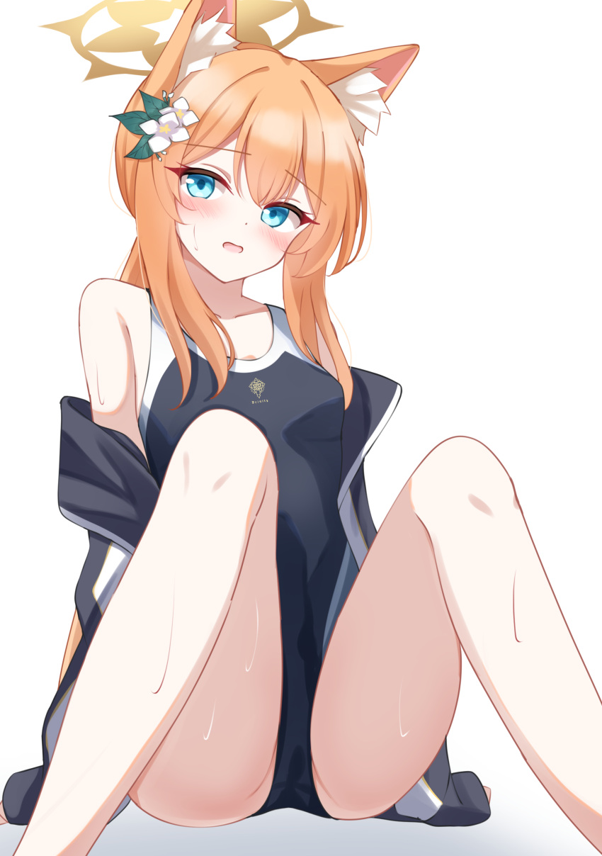 1girl absurdres animal_ears bare_legs bare_shoulders black_one-piece_swimsuit blue_archive blue_eyes blush breasts commentary_request competition_swimsuit flower fox_ears fox_girl hair_between_eyes hair_flower hair_ornament halo highres jacket jacket_pull kabocya_na knees_up legs long_hair looking_at_viewer m_legs mari_(blue_archive) mari_(swimsuit)_(blue_archive) one-piece_swimsuit open_clothes open_jacket open_mouth orange_hair partial_commentary ponytail side_ponytail simple_background small_breasts solo spread_legs swimsuit swimsuit_under_clothes thighs wet wet_clothes wet_swimsuit white_background white_flower