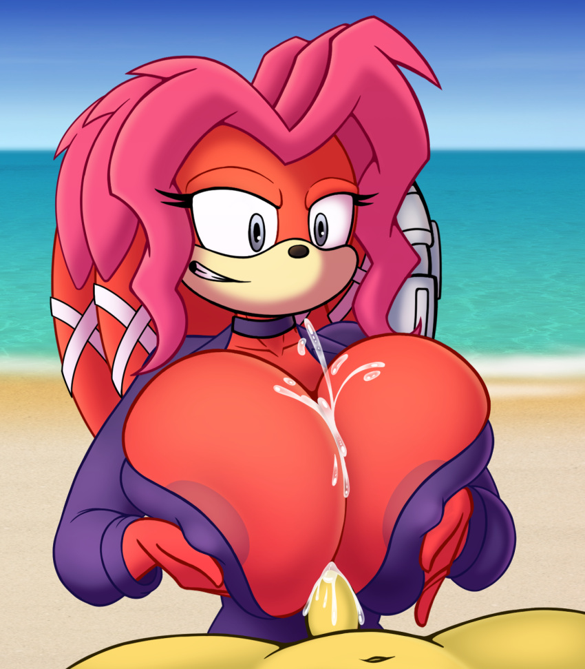anthro archie_comics areola beach big_breasts breast_play breasts choker clothing duo echidna faceless_character faceless_male female genitals hair hi_res jewelry lien-da male male/female mammal monotreme necklace nipple_outline penis pink_hair raki_boi red_body rubber rubber_clothing rubber_suit seaside sega sex smug smug_face sonic_the_hedgehog_(archie) sonic_the_hedgehog_(comics) sonic_the_hedgehog_(series) titfuck