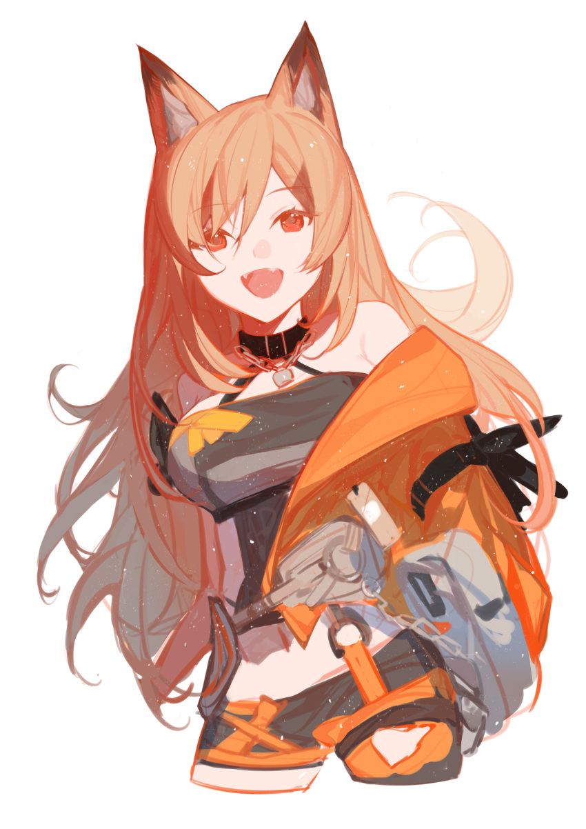 1girl :d absurdres animal_ear_fluff animal_ears arknights bare_shoulders black_shorts breasts brown_hair ceobe_(arknights) commentary_request crop_top cropped_legs dog_ears fangs fui_(fui29493452) hair_between_eyes highres jacket long_hair looking_at_viewer medium_breasts navel orange_jacket red_eyes short_shorts shorts simple_background smile solo very_long_hair white_background