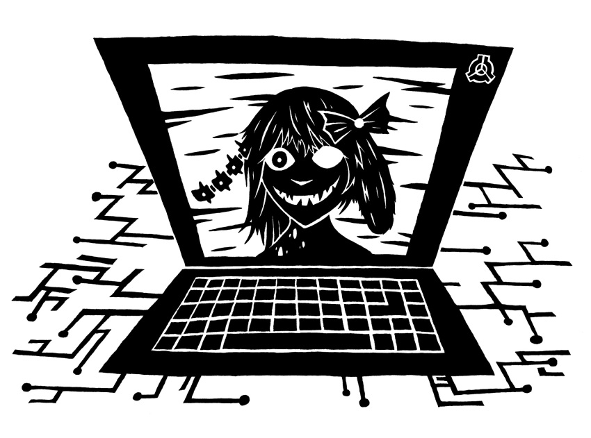 2014 accessory anthro asymmetrical_eyes bangs black_and_white bone bow_accessory bow_ribbon computer computer_keyboard digital_creature digital_drawing_(artwork) digital_media_(artwork) exposed_bone female floppy_ears hair hair_accessory hair_bow hair_ribbon hi_res lagomorph laptop leporid logo looking_at_viewer lop_ears mammal monitor monochrome neck_wound open_mouth open_smile pupil rabbit rabbit_ears restricted_palette ribbons scp-2999-a scp_foundation sharp_teeth shoulder_wound simple_background smile solo static sunnyclockwork teeth vertebrae white_background