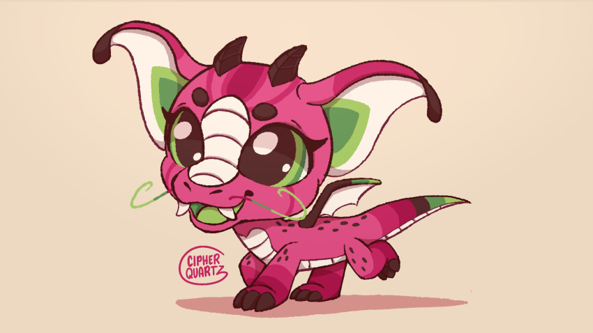 2023 2_horns ambiguous_gender big_ears cipherrosemary claws dragon eyebrows fan_character fangs feral green_body green_eyes green_inner_ear green_skin green_tongue hasbro hi_res horn littlest_pet_shop multicolored_body open_mouth open_smile pink_body pink_skin scalie signature smile spots spotted_body tail teeth tongue western_dragon whiskers wings
