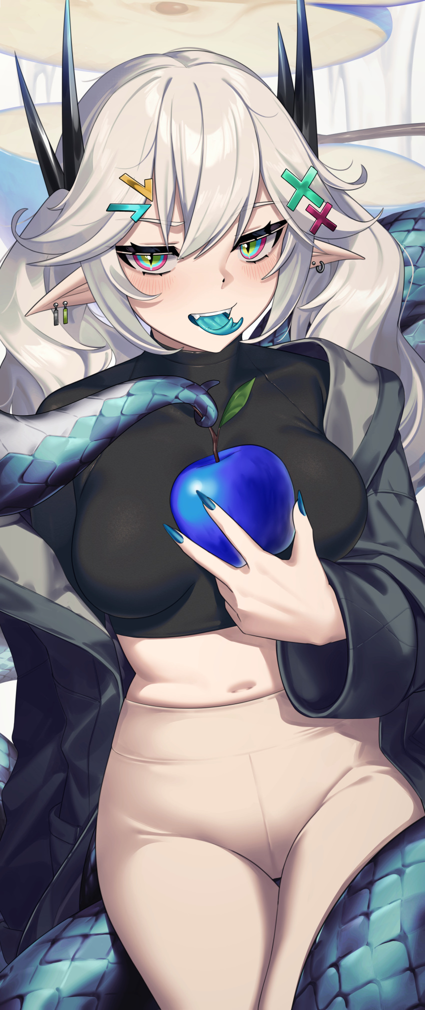1girl absurdres apple black_jacket black_shirt blue_apple blue_nails blue_tongue blush breasts colored_tongue cowboy_shot crop_top earrings fingernails food forked_tongue fruit green_eyes grey_hair highres holding holding_food holding_fruit horns jacket jewelry leggings long_fingernails long_hair long_sleeves looking_at_viewer medium_breasts midriff multicolored_eyes nail_polish navel open_clothes open_jacket open_mouth original pointy_ears scales sharp_fingernails shirt solo tail taut_clothes taut_shirt thigh_gap tongue tongue_out wakamepiza