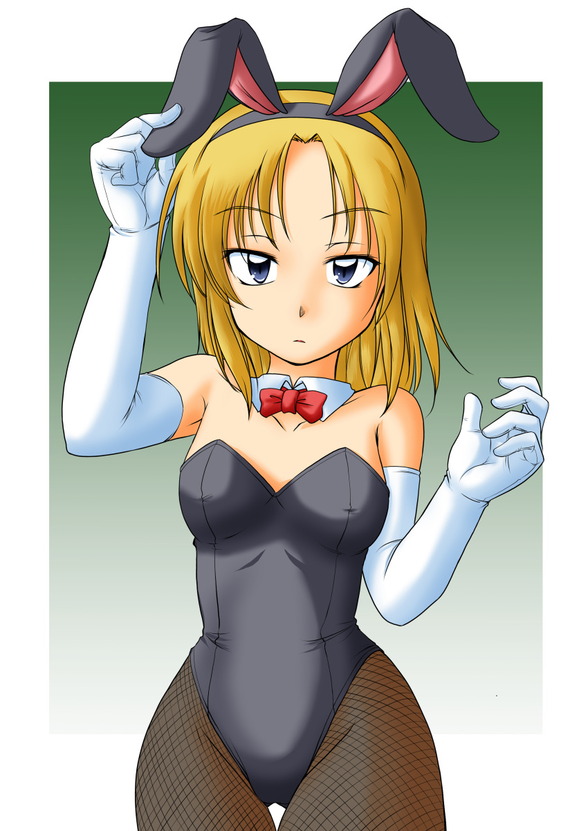 1girl absurdres animal_ears black_leotard blue_eyes bonsichi bow bowtie breasts detached_collar elbow_gloves fake_animal_ears fishnet_pantyhose fishnets gloves highres leotard looking_at_viewer medium_hair nipples original pantyhose parted_bangs playboy_bunny rabbit_ears red_bow red_bowtie revealing_clothes solo strapless strapless_leotard thigh_gap white_gloves