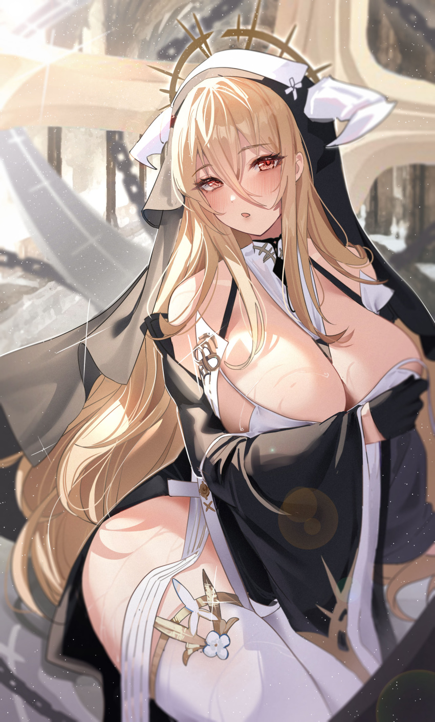 1girl absurdres azur_lane bare_shoulders between_breasts black_gloves blonde_hair blush breast_cutout breasts cleavage covered_navel fake_horns gloves habit hair_between_eyes half_gloves highres horns huge_breasts implacable_(azur_lane) long_bangs long_hair looking_at_viewer nun pelvic_curtain red_eyes revealing_clothes solo sweat tansuan_(ensj3875) thighhighs thighs two-tone_dress veil very_long_hair white_horns white_thighhighs
