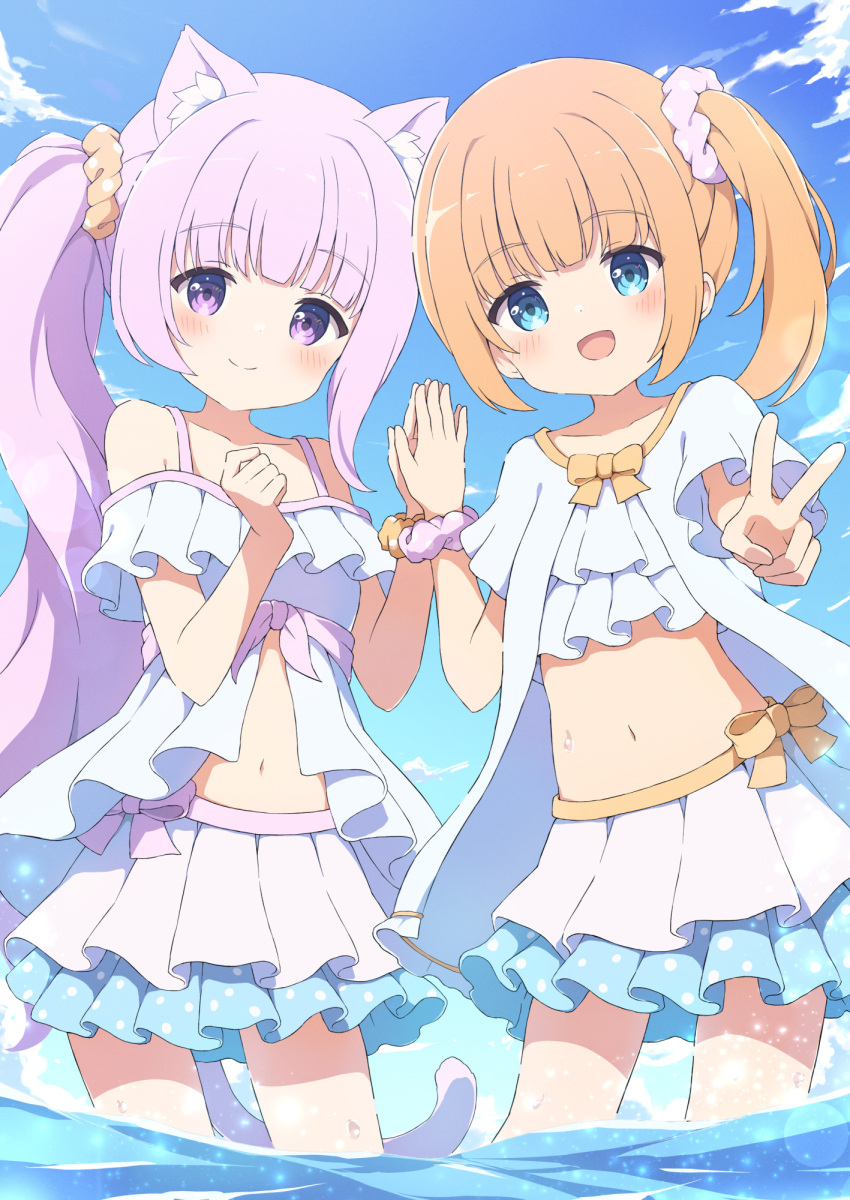 2girls animal_ears bare_shoulders bikini bikini_skirt blue_sky blunt_bangs blush cat_ears cat_girl cat_tail closed_mouth cloud collarbone cowboy_shot day frilled_bikini frills hair_ornament hair_scrunchie hand_up head_tilt highres holding_hands layered_skirt long_hair looking_at_viewer multiple_girls navel ocean original outdoors outstretched_arm partially_submerged pink_eyes pink_hair pleated_skirt raised_eyebrows scrunchie side-by-side side_ponytail sidelocks skirt sky smile standing stomach swimsuit tail tyakomes v very_long_hair water white_bikini wispy_bangs