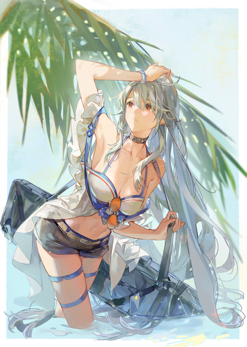 1girl arknights bag bangs belt belt_buckle black_bag blue_shorts breasts brown_belt buckle choker cleavage closed_mouth collarbone commentary english_commentary grey_hair hair_between_eyes highres holding holding_bag long_hair looking_away medium_breasts navel noir_(ibaraki) off-shoulder_shirt off_shoulder official_alternate_costume red_eyes shirt short_shorts shorts skadi_(arknights) skadi_(waverider)_(arknights) solo stomach very_long_hair white_shirt