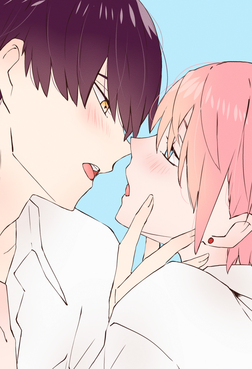 1boy 1girl absurdres black_hair blue_background blue_eyes blush close-up collared_shirt commentary couple earrings eye_contact eyebrows_hidden_by_hair go-toubun_no_hanayome hair_between_eyes hand_on_another's_cheek hand_on_another's_face hetero highres imminent_kiss jewelry lips looking_at_another nakano_ichika nose open_mouth pink_hair profile shirt short_hair sidelocks simple_background stud_earrings teeth tsubomi_hanami uesugi_fuutarou upper_teeth_only white_shirt yellow_eyes