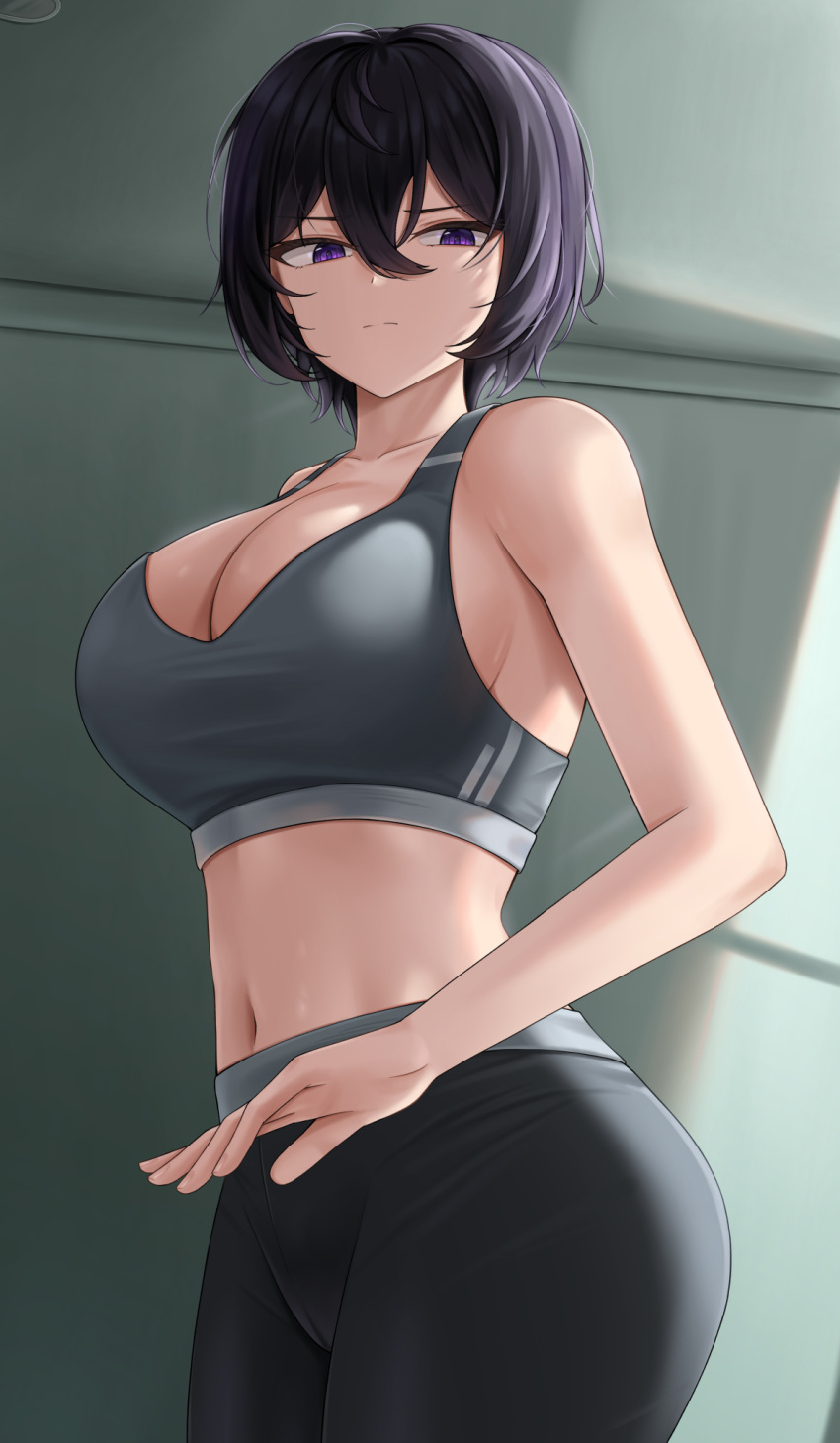 1girl bare_arms bare_shoulders black_hair breasts cameltoe cleavage closed_mouth collarbone cowboy_shot from_below hair_between_eyes highres indoors large_breasts lazb. leggings light_frown looking_at_viewer navel original pants purple_eyes short_hair sideboob solo sports_bra tight tight_pants tsurime