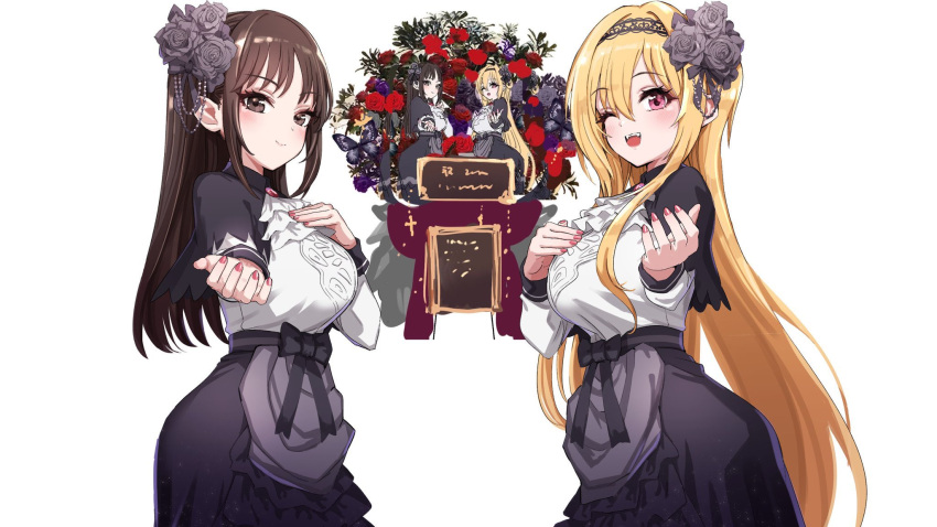 2girls black_capelet black_skirt blush breasts capelet fangs fingernails flower hair_flower hair_ornament hand_on_own_chest highres idolmaster idolmaster_cinderella_girls kurosaki_chitose large_breasts long_hair looking_at_viewer multiple_girls nail_polish pizzasi reaching reaching_towards_viewer sakura_kaoru_(voice_actor) second-party_source shirt simple_background skirt smile straight_hair very_long_hair voice_actor white_background white_shirt