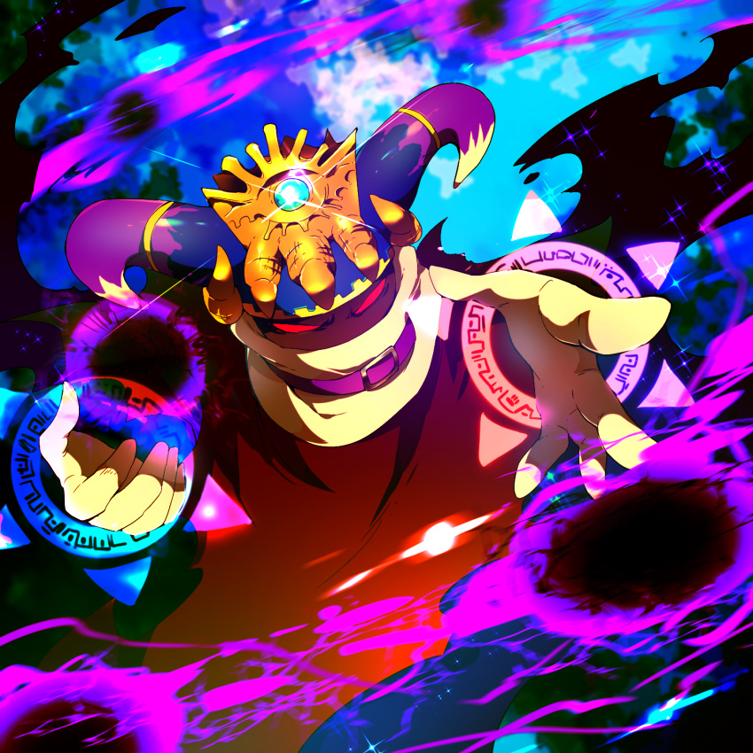 attack belt belt_buckle belt_collar blue_background blue_horns buckle cape collar commentary_request covered_mouth crown darkness disembodied_limb gleam gloves highres horns kirby_(series) large_horns looking_at_viewer magic magolor master_crown no_humans outstretched_arm purple_belt purple_horns red_cape red_eyes scarf shirushiki solid_eyes solo space two-tone_horns v-shaped_eyes white_gloves white_scarf yellow_headwear