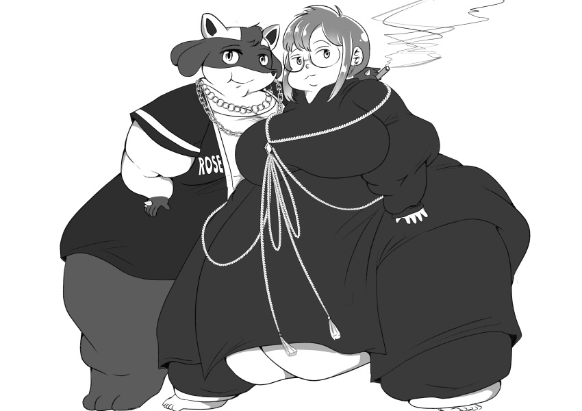 absurd_res anthro duo generation_4_pokemon hi_res human human_focus lucario male male/male mammal monochrome moobs morbidly_obese morbidly_obese_male nintendo obese obese_male overweight overweight_male pokemon pokemon_(species) smoking tapirclip