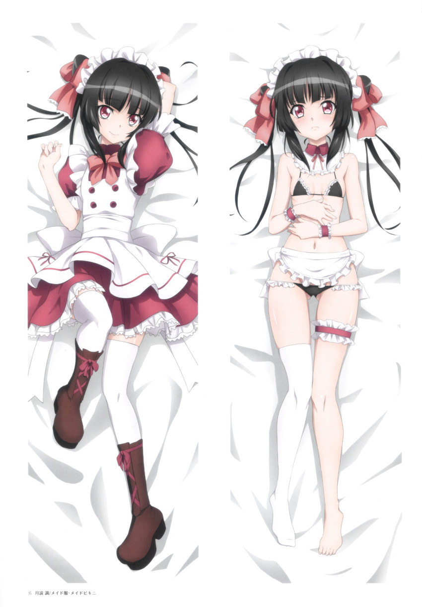 1girl absurdres alternate_costume bikini black_bikini black_hair blush breasts closed_mouth enmaided fujikawa_daichi hair_ribbon highres long_hair looking_at_viewer maid maid_bikini maid_headdress multiple_views navel non-web_source red_eyes ribbon senki_zesshou_symphogear small_breasts swimsuit thighhighs tsukuyomi_shirabe twintails white_thighhighs