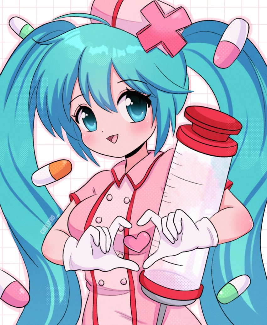 1girl 2000s_(style) absurdres blue_eyes blue_hair blush breasts chelly_(chellyko) dress gloves grid grid_background hat hatsune_miku heart heart_hands highres long_hair looking_at_viewer medium_breasts nurse nurse_cap open_mouth pill pink_background pink_dress pink_headwear retro_artstyle short_sleeves smile solo standing syringe twintails vocaloid white_gloves