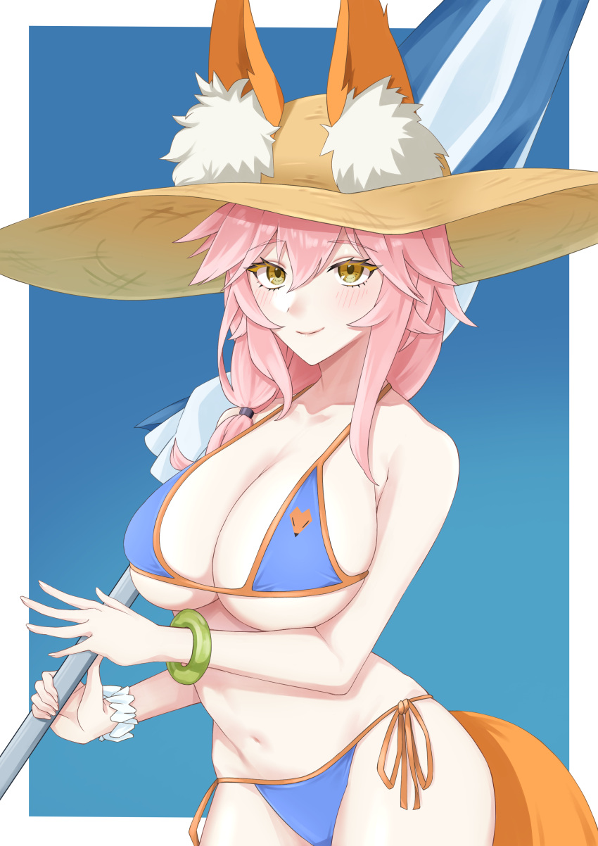 1girl absurdres animal_ear_fluff animal_ears beach_umbrella bikini blue_bikini blush breasts cleavage ears_through_headwear fate/grand_order fate_(series) fox_ears fox_girl fox_print fox_tail groin hat highres large_breasts long_hair looking_at_viewer navel noah_(pixiv68734476) orange_trim pink_hair side-tie_bikini_bottom smile solo straw_hat swimsuit tail tamamo_(fate) tamamo_no_mae_(swimsuit_lancer)_(fate) tamamo_no_mae_(swimsuit_lancer)_(second_ascension)_(fate) umbrella yellow_eyes