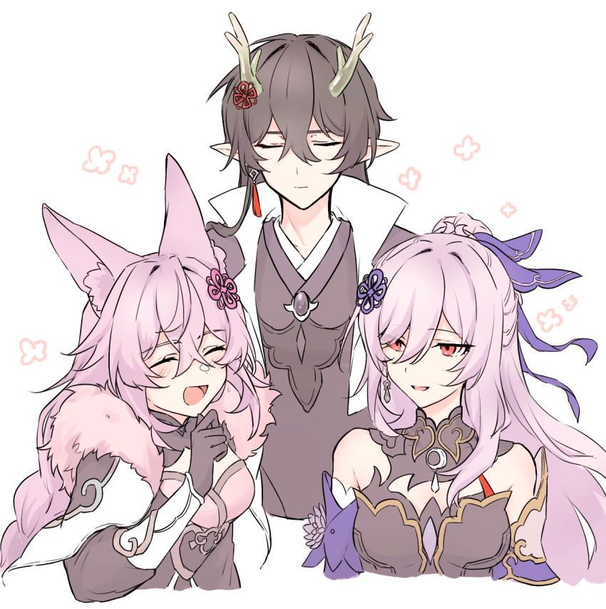 1boy 2girls animal_ears baiheng_(honkai:_star_rail) bare_shoulders black_gloves black_shirt blue_hairband braid breasts chinese_clothes closed_eyes closed_mouth crossed_bangs dan_feng_(honkai:_star_rail) dan_heng_(honkai:_star_rail) dan_heng_(imbibitor_lunae)_(honkai:_star_rail) detached_sleeves dragon_horns earrings fox_ears fox_girl gloves green_horns hair_between_eyes hairband happy high_ponytail highres honkai:_star_rail honkai_(series) horns jewelry jingliu_(honkai:_star_rail) looking_at_another medium_breasts multicolored_hair multiple_girls open_mouth pointy_ears red_eyes rin010mnyfzr shirt simple_background smile white_background