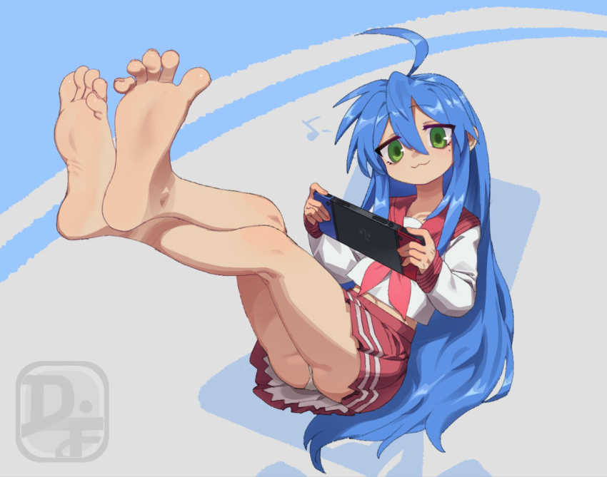 1girl :3 ahoge artist_logo ass bare_legs barefoot blue_background blue_hair closed_mouth commentary commission crossed_legs difman english_commentary eyelashes feet foot_focus foreshortening green_eyes grey_background hair_between_eyes handheld_game_console hands_up head_tilt highres holding holding_handheld_game_console izumi_konata leaning_back legs legs_up long_hair long_sleeves lucky_star midriff_peek miniskirt mole mole_under_eye musical_note navel neckerchief nintendo_switch panties pink_neckerchief pleated_skirt red_sailor_collar red_skirt ryouou_school_uniform sailor_collar school_uniform serafuku shirt sidelocks sitting skirt soles solo spread_toes thighs toenails toes two-tone_background underwear very_long_hair white_panties white_shirt