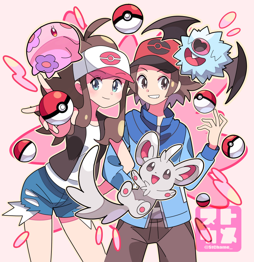 1boy 1girl baseball_cap belt_buckle black_vest blue_jacket brown_eyes brown_hair brown_pants buckle closed_mouth commentary_request eyelashes grin hat high_ponytail highres hilbert_(pokemon) hilda_(pokemon) jacket locked_arms long_hair long_sleeves minccino munna pants poke_ball poke_ball_(basic) poke_ball_print pokemon pokemon_(creature) pokemon_(game) pokemon_bw red_headwear shirt short_hair sidelocks sleeveless sleeveless_shirt smile sutokame teeth vest white_shirt woobat