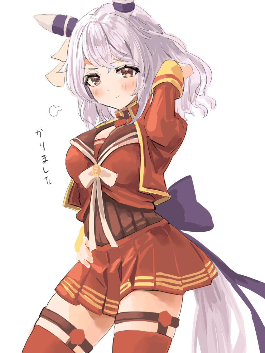 1girl absurdres animal_ears arm_up back_bow blush bow breasts closed_mouth commentary_request cosplay cowboy_shot ear_covers ear_ornament garter_belt grey_eyes grey_hair highres hishi_miracle_(umamusume) horse_ears horse_girl horse_tail jacket long_sleeves looking_at_viewer maruzensky_(umamusume) maruzensky_(umamusume)_(cosplay) medium_breasts medium_hair open_mouth purple_bow red_jacket red_serafuku red_shirt red_thighhighs school_uniform serafuku shirt simple_background smile solo tail thigh_strap thighhighs translation_request tsurubami_(gaad5227) umamusume white_background white_bow