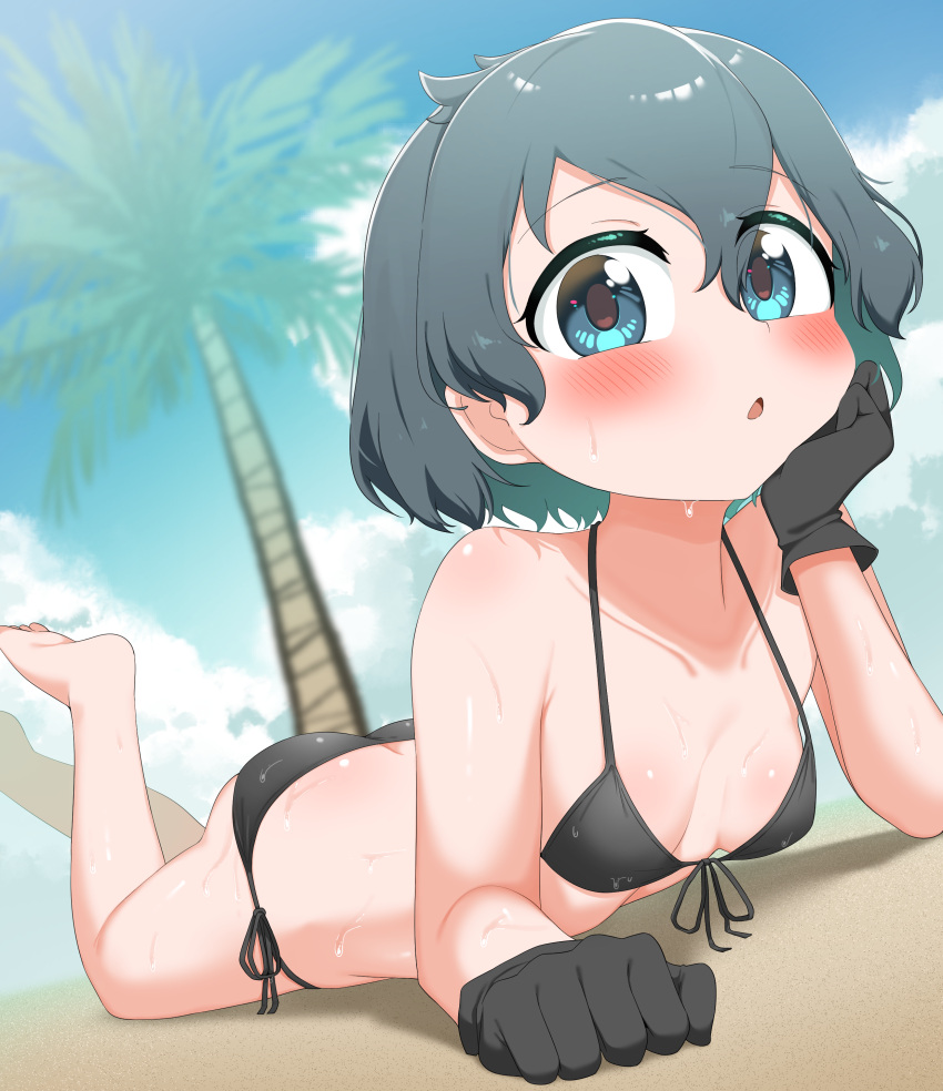 1girl absurdres bikini black_bikini black_gloves black_hair blue_eyes blue_sky breasts chis_(js60216) cloud day dutch_angle front-tie_bikini_top front-tie_top gloves highres kaban_(kemono_friends) kemono_friends looking_at_viewer lying on_stomach outdoors palm_tree short_hair side-tie_bikini_bottom sky small_breasts solo swimsuit tree