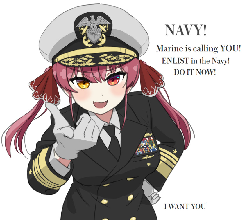 1girl black_cat03 black_jacket black_necktie breasts buttons commentary double-breasted emblem english_text gloves grey_gloves hat heterochromia highres hololive houshou_marine i_want_you jacket large_breasts military_uniform necktie peaked_cap pointing red_eyes red_hair solo star_(symbol) twintails uniform united_states_navy upper_body virtual_youtuber yellow_eyes