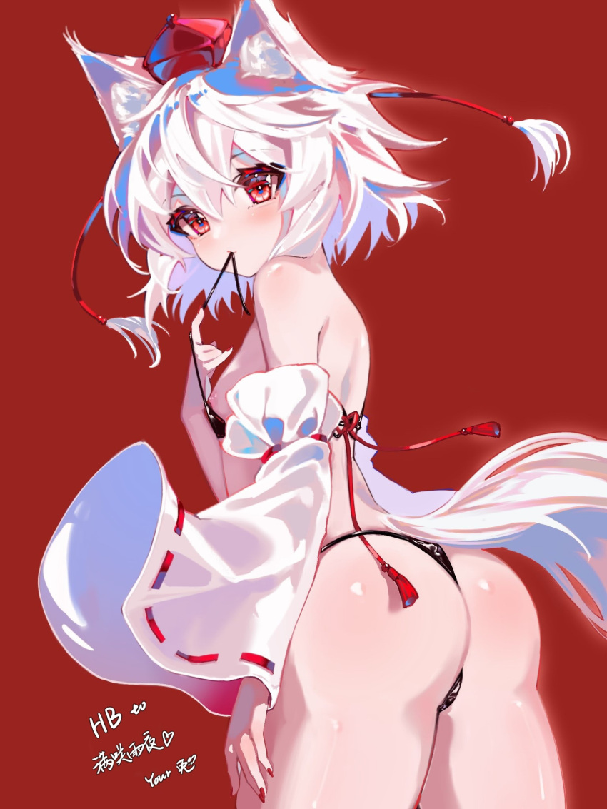 1girl animal_ear_fluff animal_ears ass breasts detached_sleeves hat highres inubashiri_momiji mouth_hold nail_polish nipple_slip nipples outer_glow pom_pom_(clothes) red_background red_nails ribbon-trimmed_sleeves ribbon_trim ringo_no_usagi_(artist) short_hair small_breasts solo tail tassel tokin_hat touhou wide_sleeves wolf_ears wolf_tail