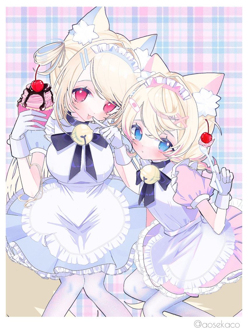 2girls alternate_costume alternate_hairstyle animal_ear_fluff animal_ears aosekaco apron bandaid_hair_ornament blonde_hair blue_dress blue_eyes blue_hair blue_hairband blush breasts commentary crossed_bangs cupcake dog_ears dog_girl dog_tail double-parted_bangs dress fake_horns food fork fuwawa_abyssgard gloves hair_between_eyes hair_intakes hair_ornament hair_rings hairband hairclip highres holding holding_fork hololive horns large_breasts long_hair looking_at_viewer maid_apron mococo_abyssgard multicolored_hair multiple_girls pantyhose pink_dress pink_eyes pink_hair pink_hairband pointing pointing_at_self puffy_short_sleeves puffy_sleeves short_hair short_sleeves siblings sisters smile streaked_hair swept_bangs tail twitter_username virtual_youtuber white_apron white_gloves white_pantyhose x_hair_ornament