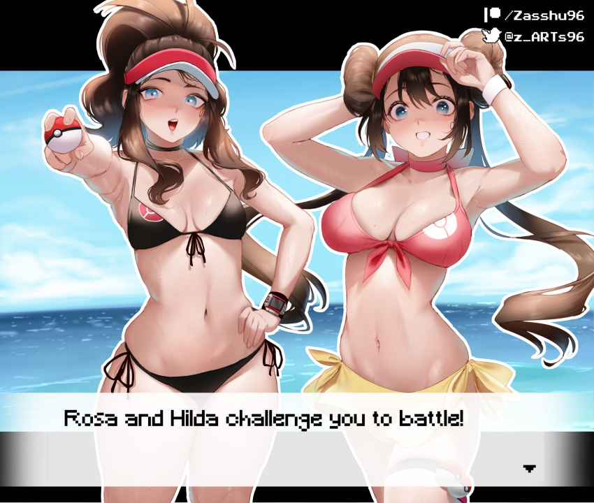 2girls bikini black_bikini blue_eyes blue_sky breasts brown_hair cloud commentary day dialogue_box double_bun english_commentary english_text floating_hair grin hair_bun hand_on_own_hip high_ponytail highres hilda_(pokemon) holding holding_poke_ball large_breasts long_hair looking_at_viewer medium_breasts multiple_girls navel ocean open_mouth outdoors paid_reward_available pink_bikini poke_ball poke_ball_(basic) pokemon pokemon_(game) pokemon_bw pokemon_bw2 rosa_(pokemon) sarong sky smile stomach swimsuit twintails visor_cap watch wet wristwatch yellow_sarong zasshu