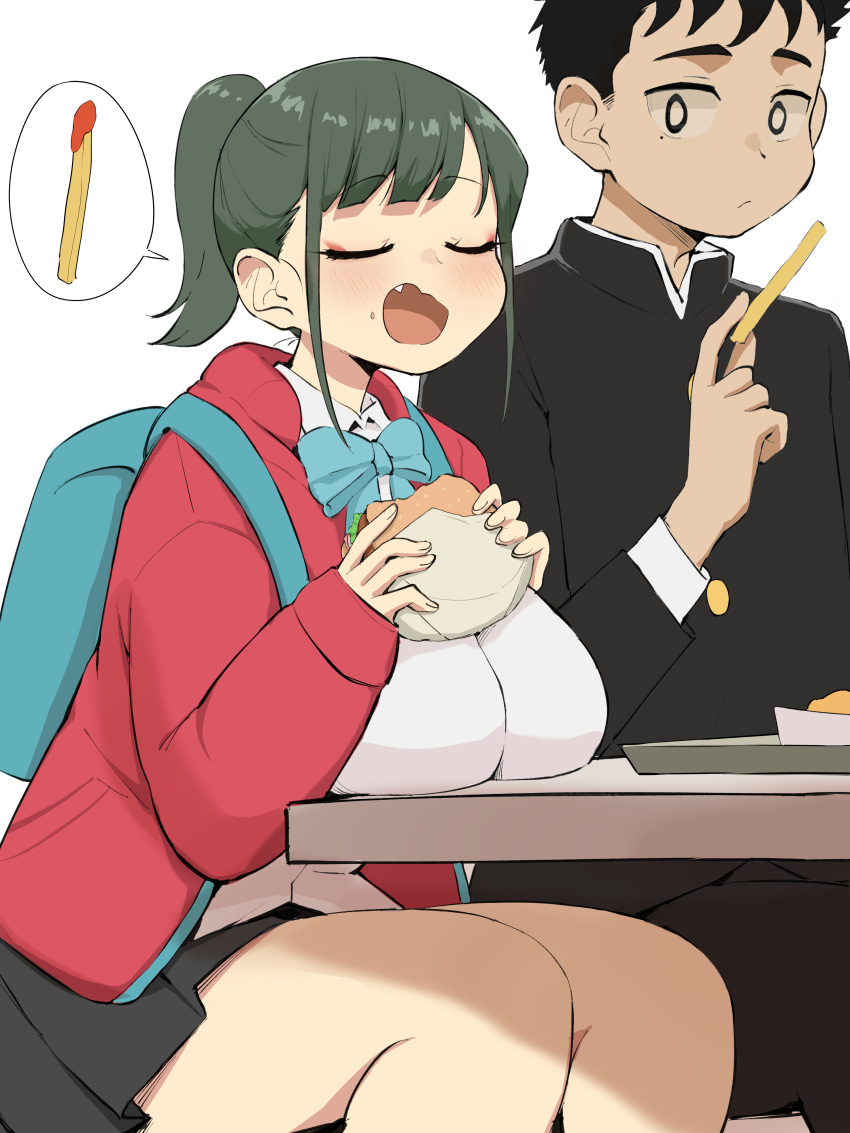 1boy 1girl absurdres backpack bag black_hair black_skirt blue_bow blue_bowtie blush bow bowtie boyfriend_(yoru_mac) breasts burger commentary_request fang food french_fries girlfriend_(yoru_mac) green_hair highres holding holding_food large_breasts long_sleeves mcdonald's minggoo open_mouth ponytail school_uniform shirt short_hair simple_background sitting skirt thighs white_background white_shirt yoru_mac
