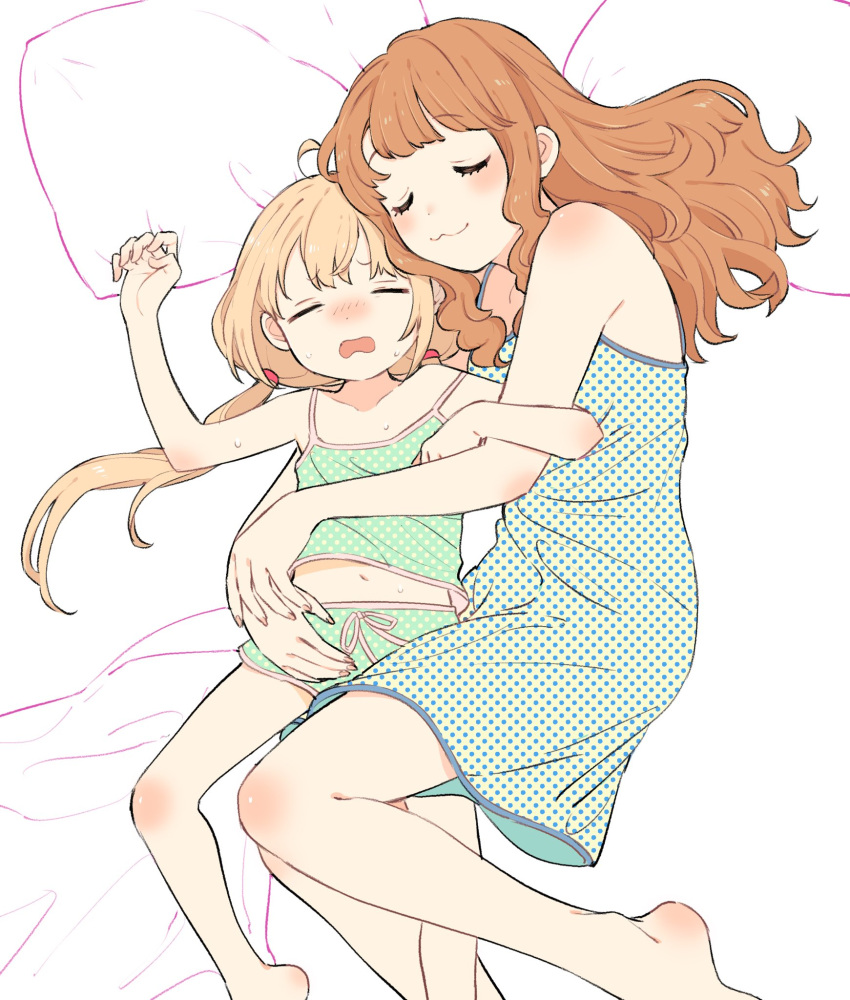 2girls :3 age_difference ahoge blonde_hair blush brown_hair closed_eyes commentary_request cuddling dress futaba_anzu height_difference highres idolmaster idolmaster_cinderella_girls kirakira_p_cyan long_hair moroboshi_kirari multiple_girls onee-loli open_mouth pillow polka_dot polka_dot_dress screentones sleeping sleepwear sweat twintails yuri