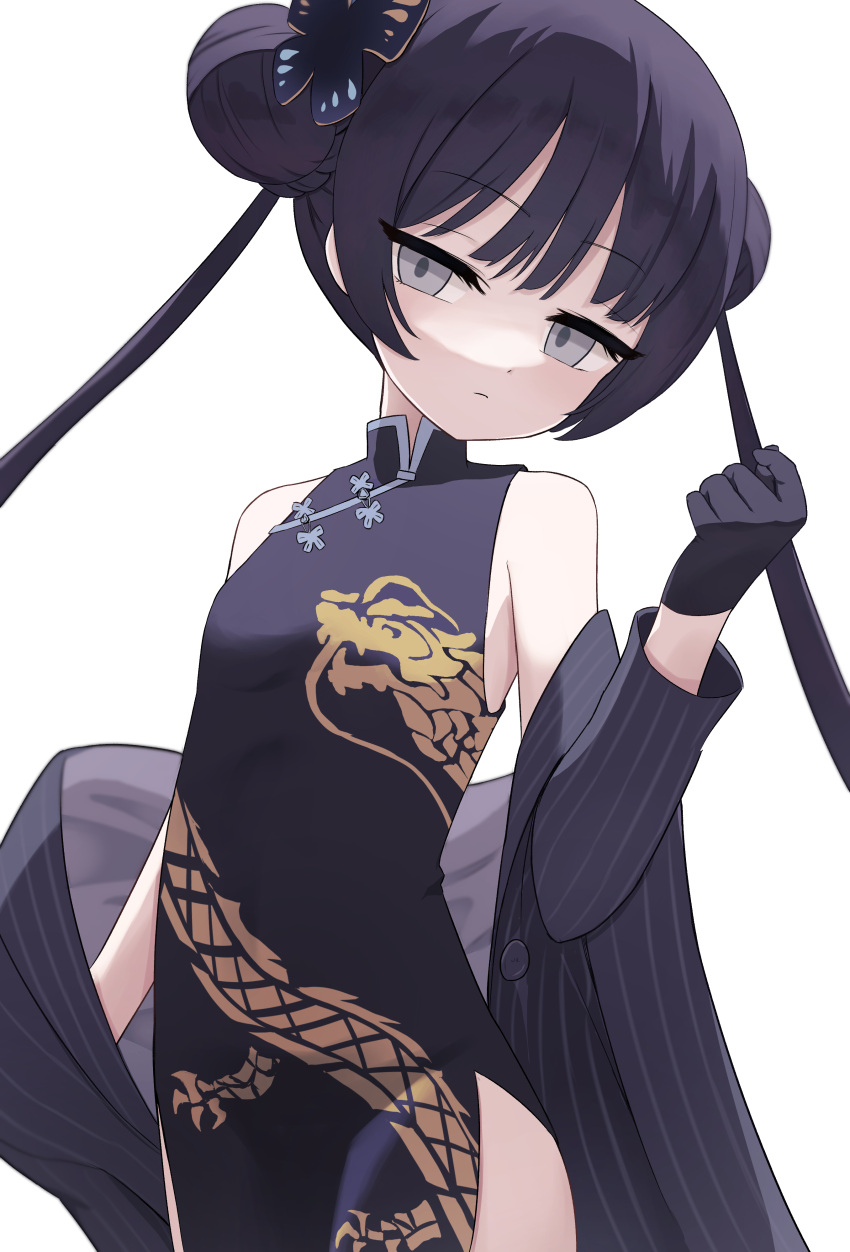 1girl absurdres black_dress black_gloves black_hair black_jacket blue_archive butterfly_hair_ornament china_dress chinese_clothes closed_mouth double_bun dragon_print dress flat_chest gloves grey_eyes hair_bun hair_ornament highres jacket kisaki_(blue_archive) long_hair looking_at_viewer negi_0712 print_dress simple_background sleeveless sleeveless_dress solo striped striped_jacket twintails vertical-striped_jacket vertical_stripes white_background