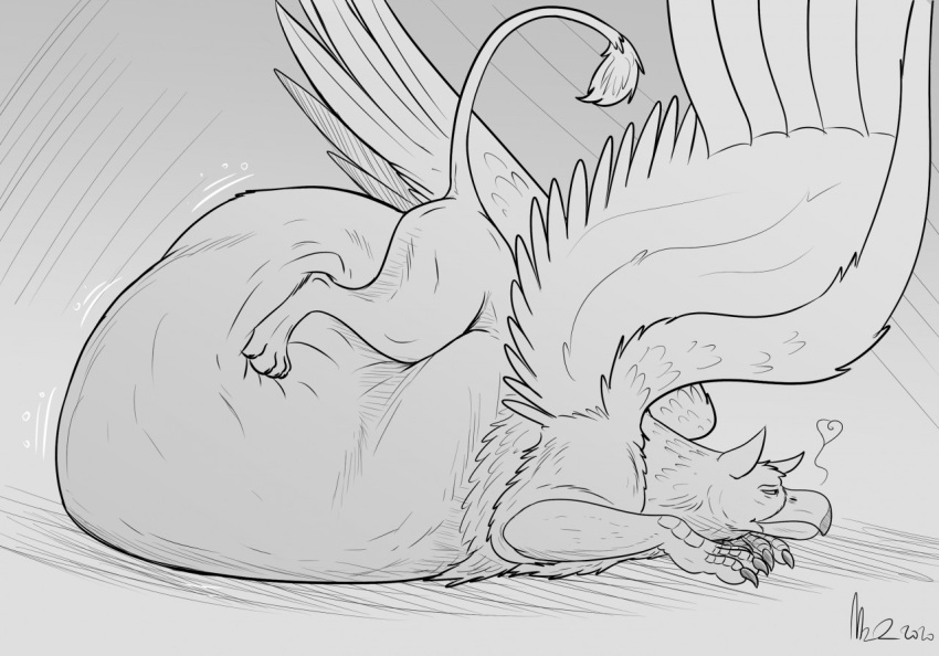 &lt;3 2020 after_vore ambiguous_gender ass_up avian beak belly big_belly feral feral_pred greyscale gryphon lying monochrome mythological_avian mythology on_front thatgryphonguy vore wings