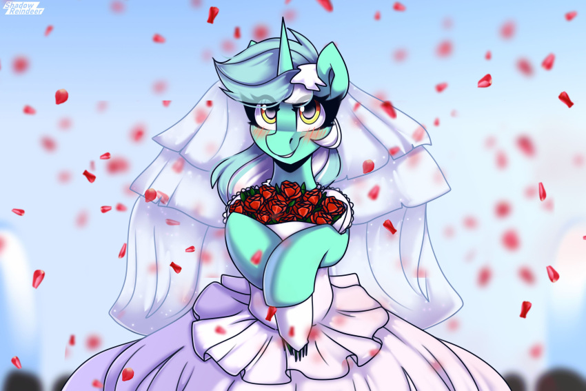 absurd_res blush bouquet clothing dress equid equine female flower flower_bouquet friendship_is_magic hasbro hi_res horn lyra_heartstrings_(mlp) mammal my_little_pony plant shadowreindeer solo unicorn wedding wedding_dress yellow_eyes