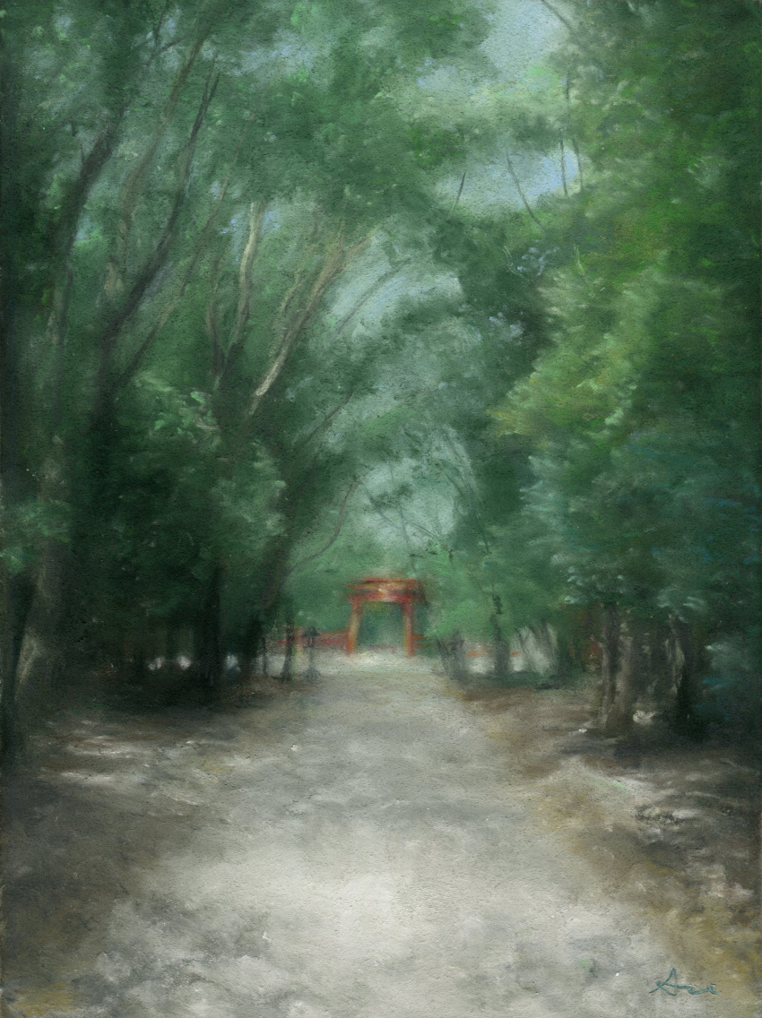 absurdres amima_amita day forest highres nature no_humans original painting_(medium) pastel_(medium) path realistic shadow torii traditional_media tree