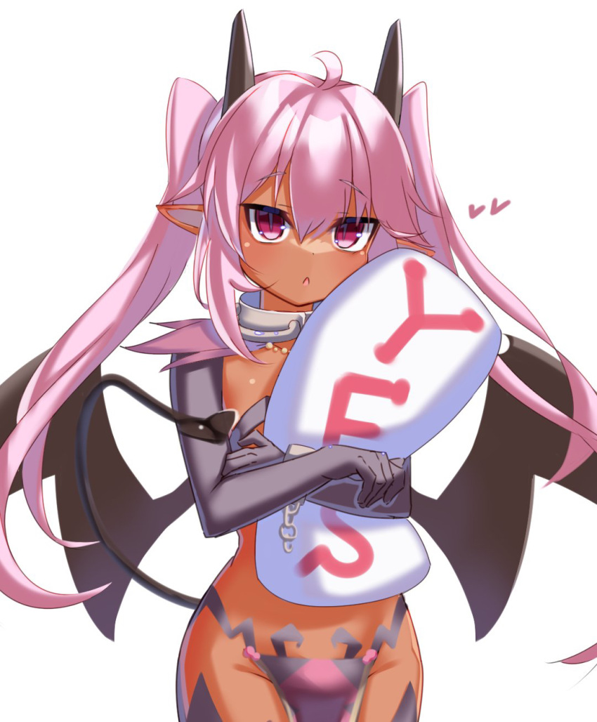 1girl :o ahoge bat_wings black_horns black_tail black_wings chain cowboy_shot cuffs dark-skinned_female dark_skin demon_girl demon_tail elbow_gloves gloves hair_between_eyes heart highres holding holding_pillow horns junkpicture loincloth long_hair nyx_(sequel) open_mouth pillow pink_eyes pink_hair pointy_ears purple_gloves sequel_(series) sequel_blight shackles simple_background solo standing tail tail_raised twintails very_long_hair white_background wings yes-no_pillow