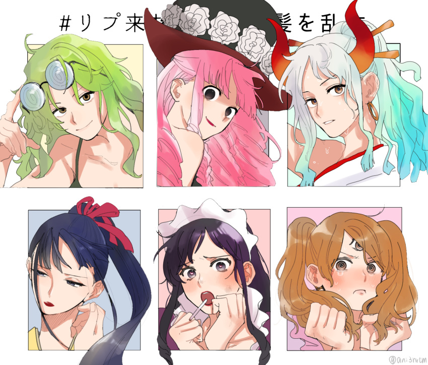 6+girls @_@ ani3nrtm baby_5 black_eyes black_hair blue_hair blunt_bangs blush brown_eyes brown_hair charlotte_pudding closed_mouth crying crying_with_eyes_open dark_blue_hair drill_hair earrings eyewear_on_head flower frills green_hair grey_eyes hand_up hat hat_flower heart heart-shaped_pupils highres jewelry kikunojo_(one_piece) lipstick long_hair maid_headdress makeup monet_(one_piece) multicolored_hair multiple_drawing_challenge multiple_girls one_piece perona pink_hair ponytail pout ribbon six_fanarts_challenge smile symbol-shaped_pupils tears third_eye top_hat twintails white_hair yamato_(one_piece) yellow_eyes