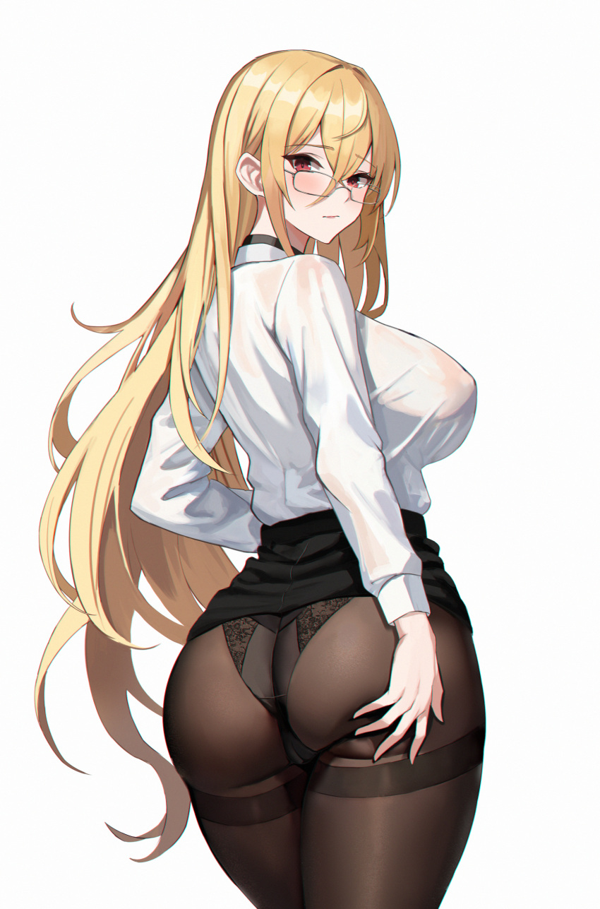 1girl absurdres ass_grab azur_lane bilei black_choker black_pantyhose black_skirt blonde_hair breasts choker closed_mouth glasses grabbing_own_ass hair_between_eyes highres huge_breasts implacable_(azur_lane) implacable_(shepherd_of_the_"lost")_(azur_lane) long_hair long_sleeves looking_at_viewer looking_back official_alternate_costume panties panties_under_pantyhose pantyhose red_eyes shirt skirt solo thighband_pantyhose underwear very_long_hair white_shirt