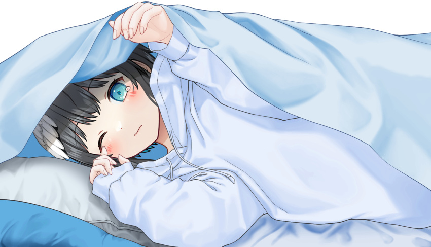 1girl black_hair blue_eyes blush closed_mouth commentary_request drawstring feathered_wings hands_up head_wings highres hood hood_down hoodie indie_virtual_youtuber kurata_rine kuratarine long_sleeves looking_at_viewer lying on_side one_eye_closed pillow puffy_long_sleeves puffy_sleeves rubbing_eyes simple_background solo tears under_covers virtual_youtuber white_background white_hoodie white_wings wings