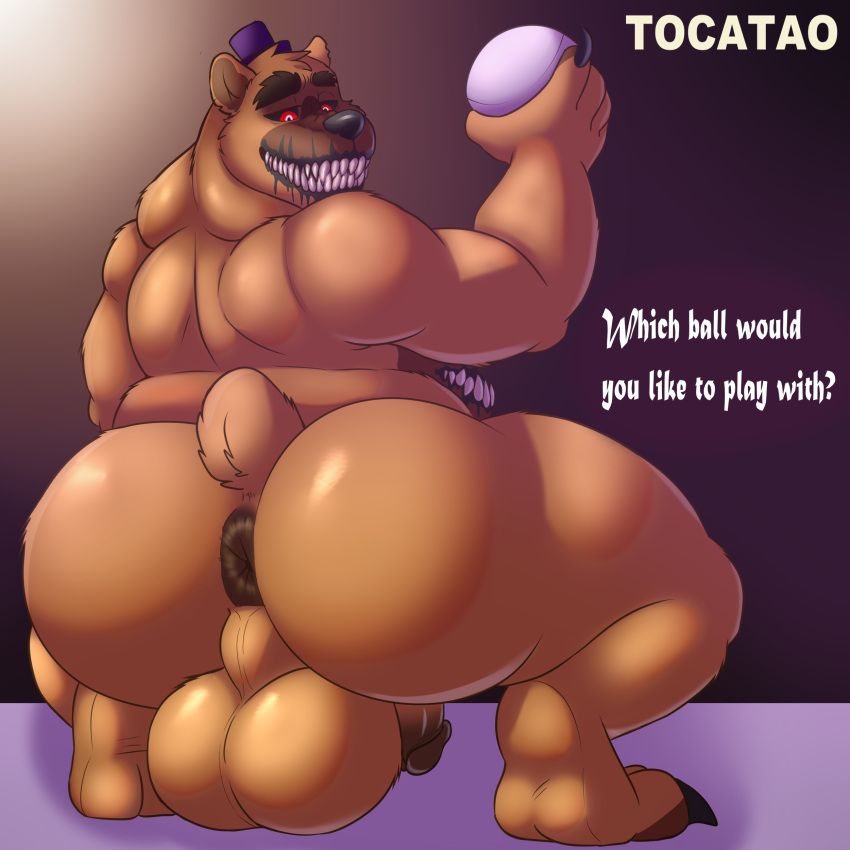 absurd_res anal animatronic anus ball barazoku bear big_(disambiguation) big_peni butt butt_slap down five_nights_at_freddy's five_nights_at_freddy's_4 fredbear_(fnaf) genitals here hi_res his kneeling machine mammal penis robot scottgames slap slightly_chubby smile spanking teeth tocatao with