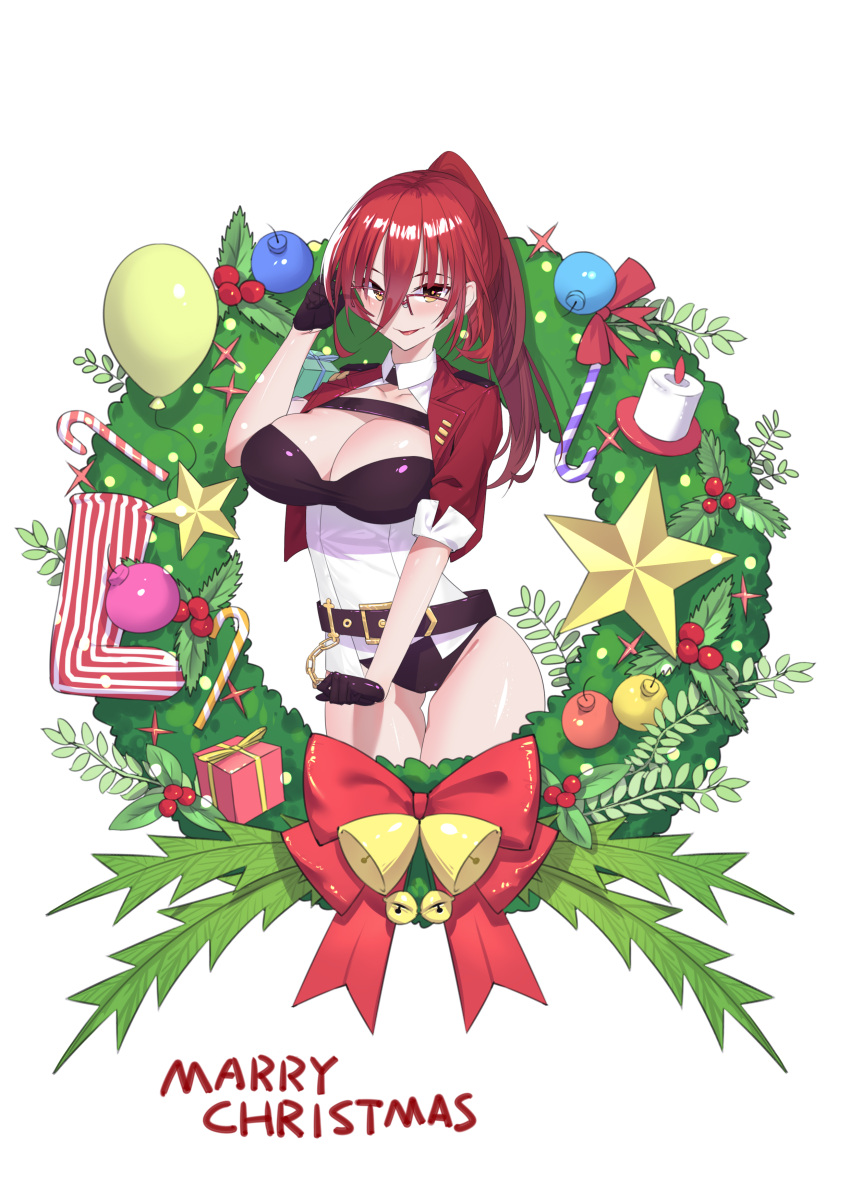 1girl :d absurdres adjusting_eyewear alternate_costume alternate_hairstyle bell belt bow box breasts brown_buruma brown_gloves buruma candle candy candy_cane christmas cleavage collared_shirt english_commentary english_text engrish_commentary engrish_text food gift gift_box glasses gloves highres honkai_(series) honkai_impact_3rd jacket large_breasts lijiahao5103 long_hair looking_at_viewer merry_christmas murata_himeko murata_himeko_(battle_storm) open_mouth ponytail ranguage red_bow red_hair red_jacket shirt simple_background smile socks solo star_(symbol) white_background white_shirt wreath yellow_eyes