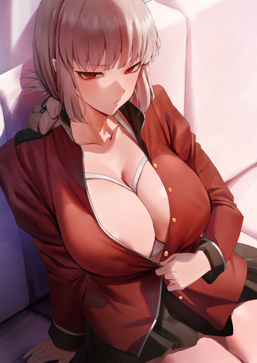 1girl absurdres areola_slip black_skirt blazer blush bra breasts cleavage collarbone couch cupless_bra fate/grand_order fate_(series) florence_nightingale_(fate) grey_hair highres jacket large_breasts looking_at_viewer on_couch red_eyes red_jacket rororo sitting skirt solo tagme underwear white_bra