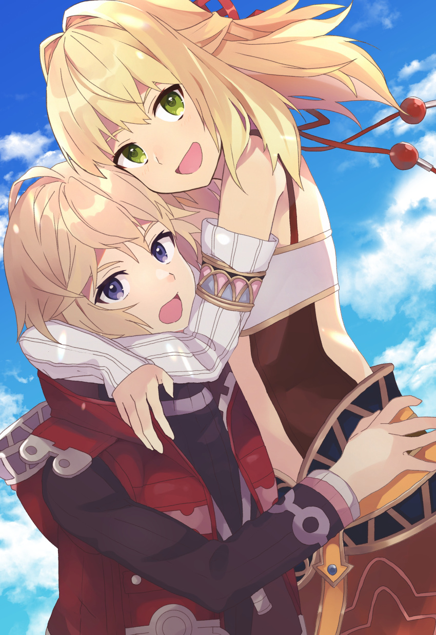 1boy 1girl absurdres blonde_hair blue_eyes cloud detached_sleeves fiora_(xenoblade) green_eyes hair_ribbon highres long_hair looking_at_viewer open_mouth ribbon short_hair shulk_(xenoblade) smile toyahiro16 xenoblade_chronicles_(series) xenoblade_chronicles_1