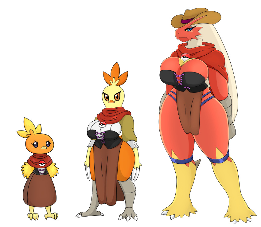 absurd_res anthro beak big_breasts black_eyes blaziken blue_eyes bottomwear breasts claws clothing combusken female generation_3_pokemon group hair hat headgear headwear hi_res huge_breasts legwear nintendo orange_body pokeball pokemon pokemon_(species) red_body scarf simple_background skirt torchic trio tunic urusee584 white_background white_hair yellow_body