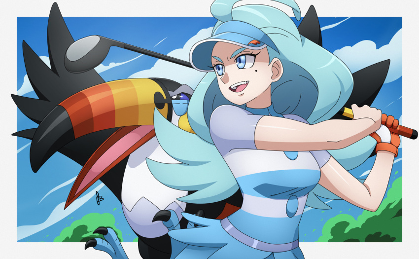 1girl ahoge bird blue_hair blue_headwear blue_skirt breasts buttons flipped_hair gloves golf_club holding holding_golf_club kahili_(pokemon) light_blue_hair long_hair medium_breasts mole mole_under_eye pokemon pokemon_(creature) pokemon_sm scott_bennett shirt short_sleeves single_glove skirt striped striped_shirt toucan toucannon visor_cap